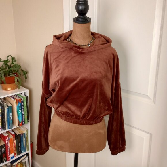 Y2K Chocolate Brown Velour Hoodie Plush Luxe Lounge Minimalist Retro Cozy Bozzol - Picture 1 of 5